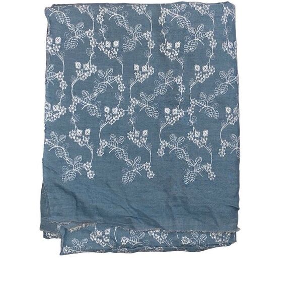 Fabric Light Blue With White Embroidery Leaf Plant Pattern Remnant 45” x 48” - Picture 1 of 3